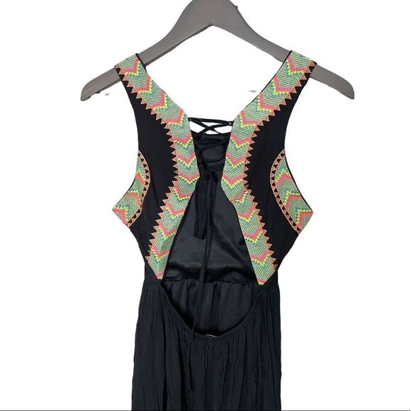 Lulumari Black Maxi Dress with open lace up back with multicolor boho print - Picture 4 of 6